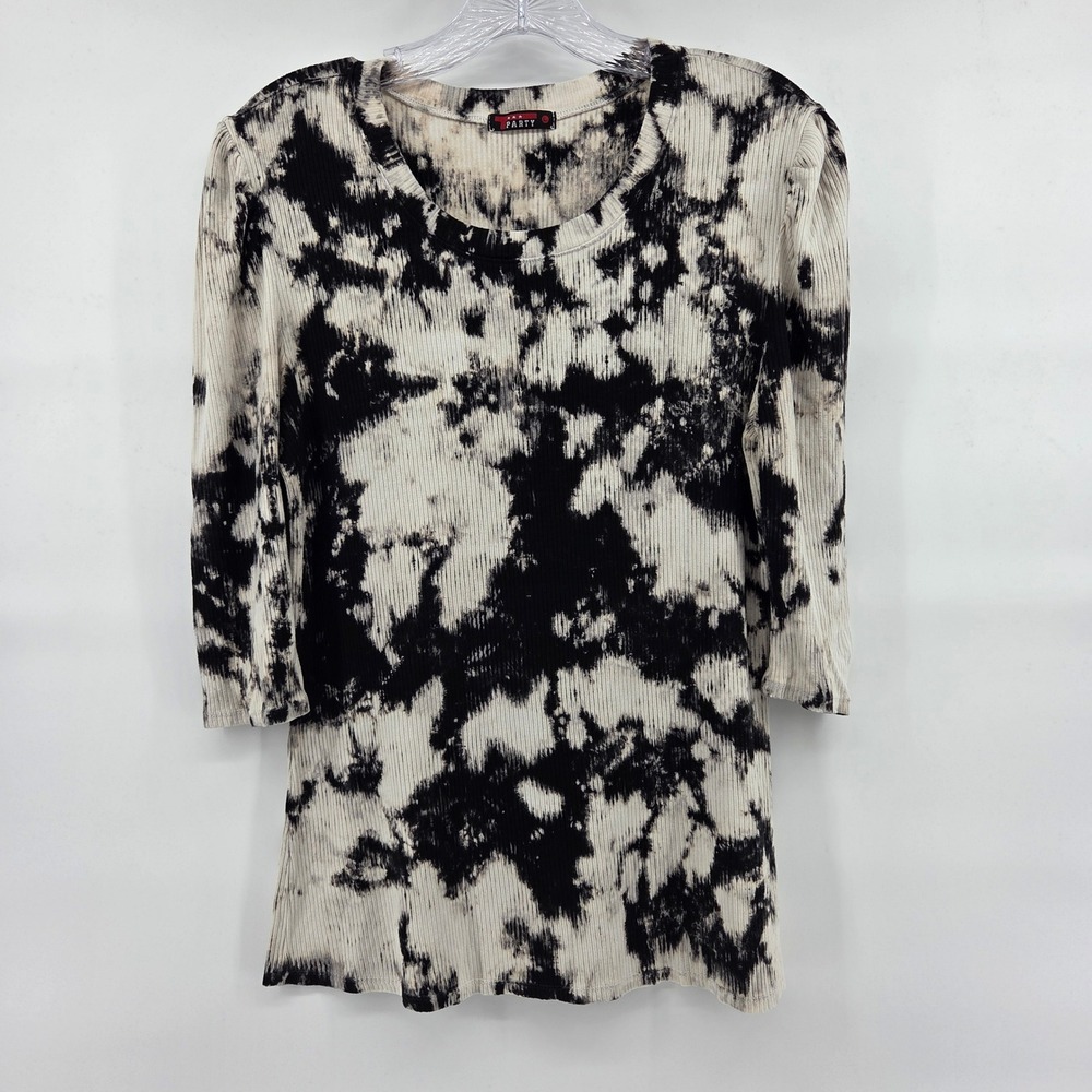 T-Party Ribbed Tie Dye Top L Black White 3/4 Sleeve‎ Grunge Boho Eclectic Indie